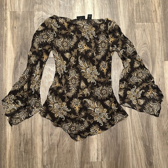 👚 Vintage Express Y2K Paisley Silk Mesh Bell Sleeve Shirt - Picture 1 of 4